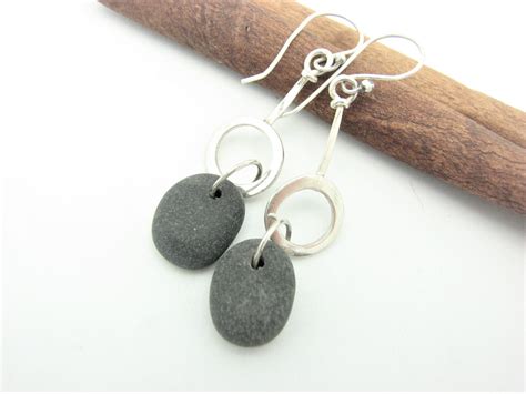 Natural Stone Dangle Pebble Earrings Raw Sterling Silver Hoop Natural