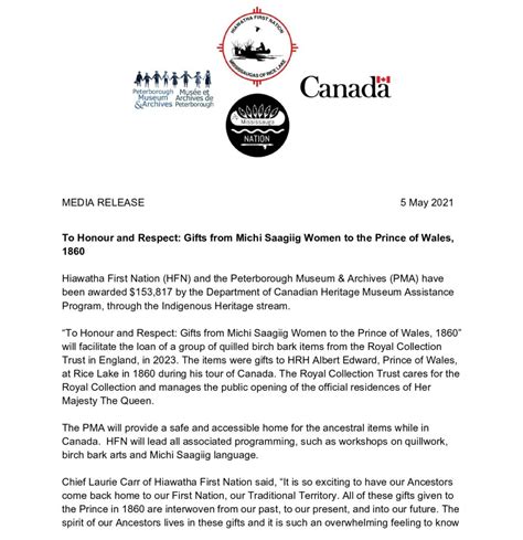 Hiawatha First Nation Media Release To Honour And Respect Ts From