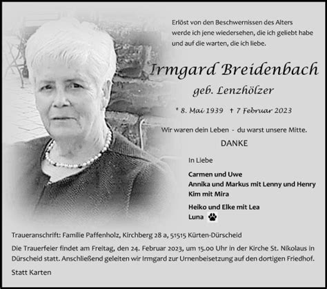 Traueranzeigen Von Irmgard Breidenbach Wirtrauern