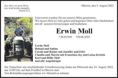 Traueranzeigen Von Erwin Moll S Dwest Presse Trauer