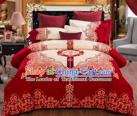 Traditional Chinese Style Wedding Bedding Set China National Marriage Embroidery Red Textile