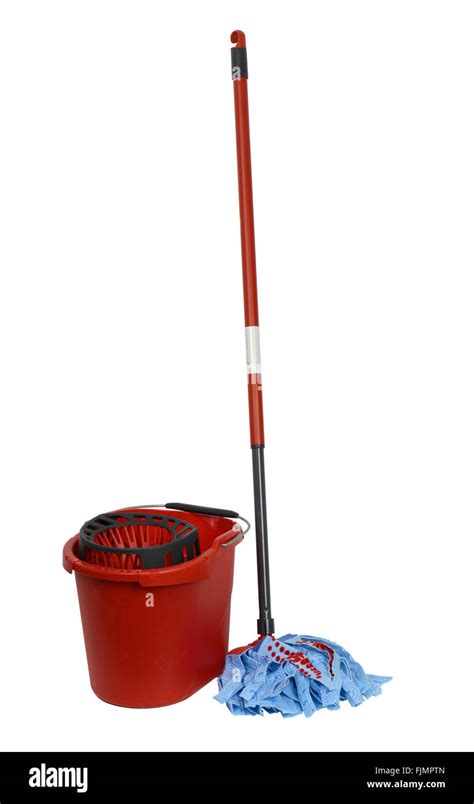 Mop And Red Bucket On White Background Cut Out Of A Mop And Bucket