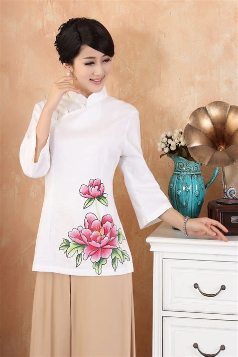 Peony Flowers Print Cheongsam Style Blouse White Chinese Shirts