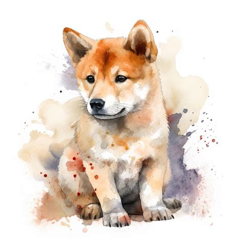 Uma Pintura Em Aquarela De Um Cachorro Shiba Inu Sentado No Ch O Imagem