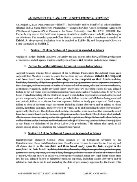 Fillable Online Amendment To Class Action Settlement Agreement Fax