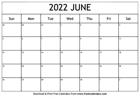 Blank Printable June 2022 Calendars