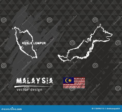 Malaysia Map Vector Pen Drawing On Black Background 118496115