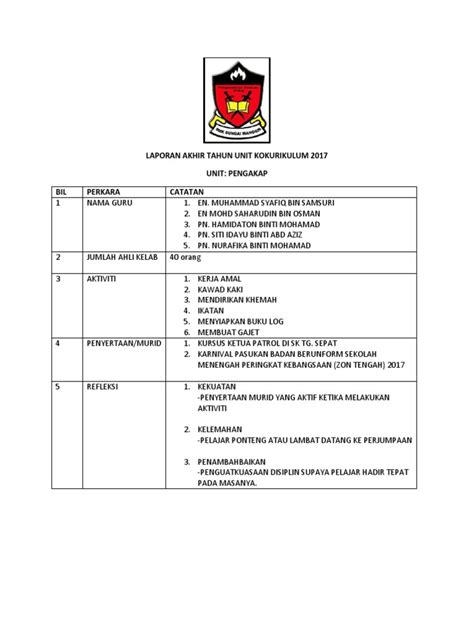 Laporan Akhir Tahun Unit Kokurikulum 2017 Pdf