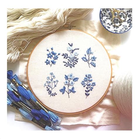 Hand Embroidery Pattern PDF Blue Botanical Printable Digital