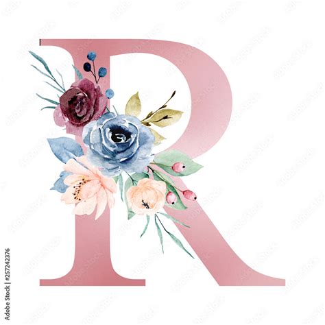 Floral Alphabet Letter R With Watercolor Flowers And Leaf Monogram