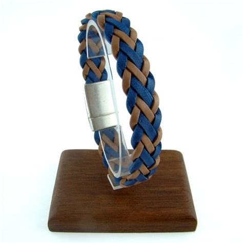 Bracelet de cuir tressé à plat pour Homme modèle Dandy bleu et marron