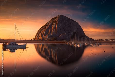 Morro Rock At Sunset In Morro Bay Cozy Serene Beach Sailboats