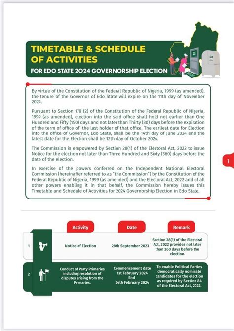 TIMETABLE AND SCHEDULE OF ACTIVITIES FOR THE EDO AND ONDO STATE