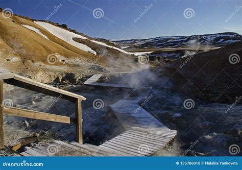 Fumarole Fields Of Iceland Covered With Yellow Brimstone With Boiling