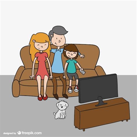 Dibujo de familia viendo la televisión Vector Premium