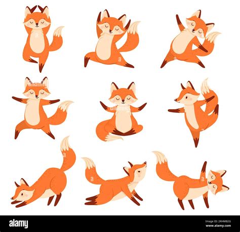 Cartoon Fox In Yoga Poses Healthy Gymnastics Breathing Exercises And