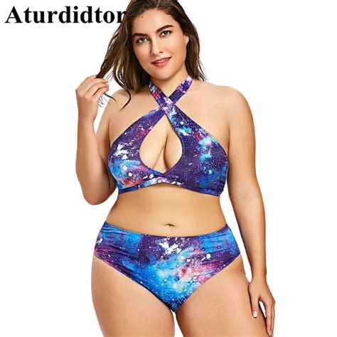 Xxxl 3xl 4xl 5xl Plus Size Bikini Galaxy Print Halter Purple Swimwear