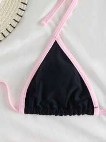 Swim Mod Summer Beach Contrast Binding Triangle Thong Bikini Set