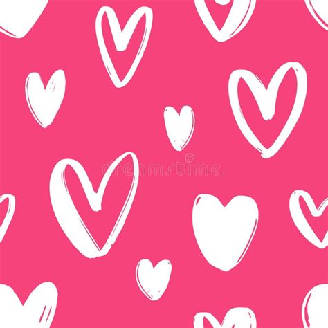 Hand Drawn Seamless Pattern With Hearts On Bright Pink Background