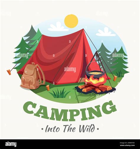 Camping Illustration With Summer Forest Cartoon Style Round Composition