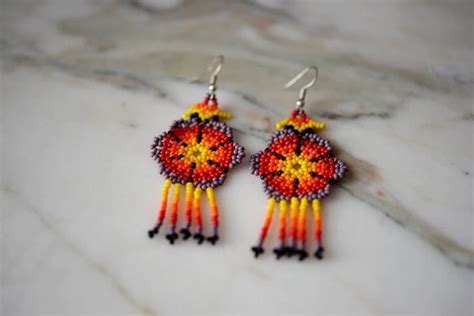 Mexican Beaded Earrings Huichol Beaded Earrings Handmade Flowers