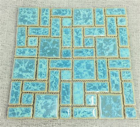 Random Block Reflection Bahama Blue Glossy Glazed Porcelain Mosaic Pool