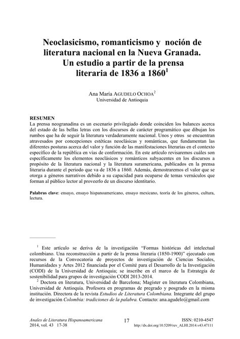 Pdf Neoclasicismo Romanticismo Y Noci N De Literatura Nacional En La