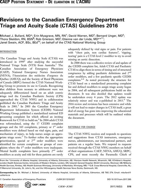 Revisions To The Canadian Emergency Department Triage And Acuity Scale