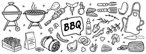 Barbecue Grill Hand Drawn Outline Doodle Set Bbq Vector Illustration