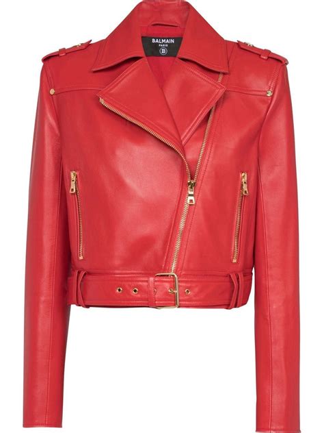 Balmain Belted Leather Crop Biker Jacket In Red Modesens Cropped