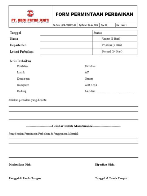 Gea Frm 011 00 Form Permintaan Perbaikan Pdf