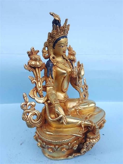 Green Tara Tibetan Handmade Statue Full Fire Gold Plated Painted