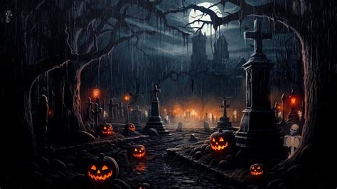 Haunted Cemetery Halloween Ambience W Relaxing Heavy Rain