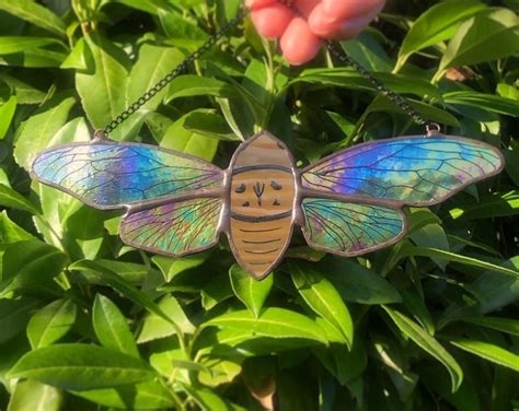 Handcrafted Stained Glass Cicada Beetle Suncatcher In Iridescent Amber