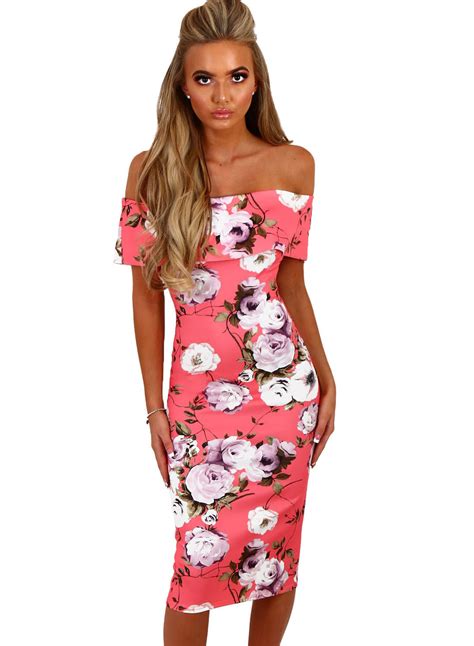 Fashion Off Shoulder Floral Bodycon Midi Night Club Dress Stylesimo