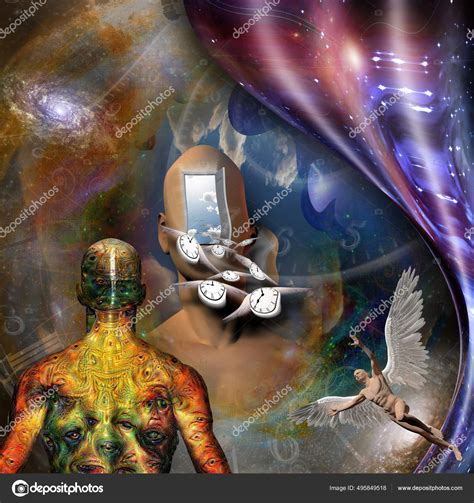 Surrealism Man S Head Opened Door Another World Naked Man Wings Stock