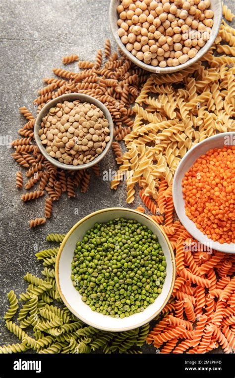 A Variety Of Fusilli Pasta Made From Different Types Of Legumes Green