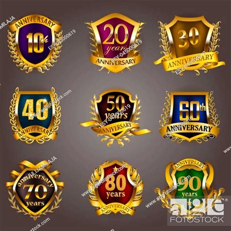 Set Of Gold Anniversary Badges With Laurel Wreaths Shield Numbers