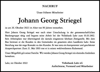 Traueranzeigen von Johann Georg Striegel Schwarzwälder Bote Trauer