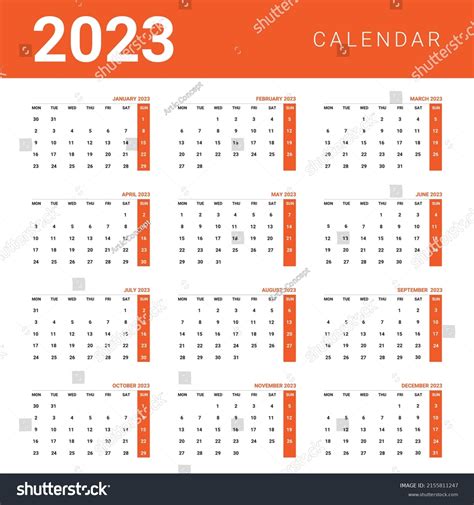 2023 Year Calendar Template Week Start Stock Vector (Royalty Free) 2155811247 | Shutterstock