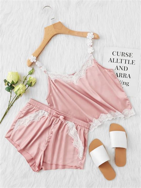 Shein Lace Trim Satin Cami Shorts Pj Set Sleepwear Women Fashion