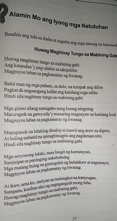 1 Tungkol Saan Ang Tula2 Ano Ang Ibig Sabihin Ng Pagkamatay Ng