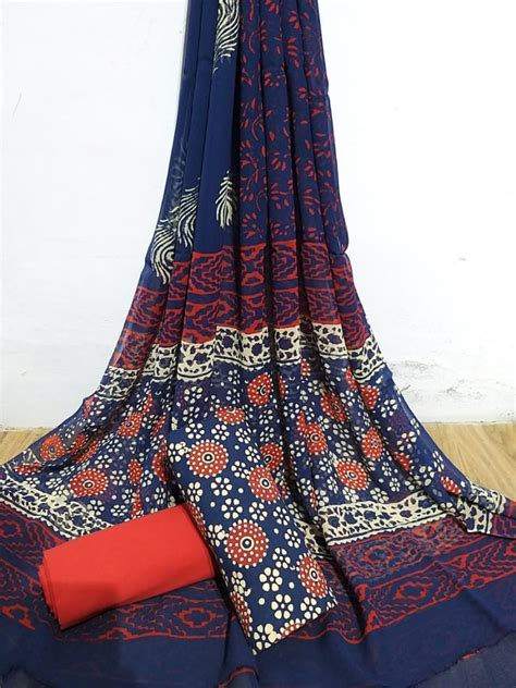 Mansi Printers Bagru Hand Block Ajrakh Print Cotton Dress Materials At