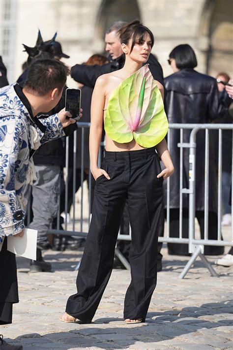 Emily Ratajkowskis Leaf Shirt At Paris Fashion Week Photos