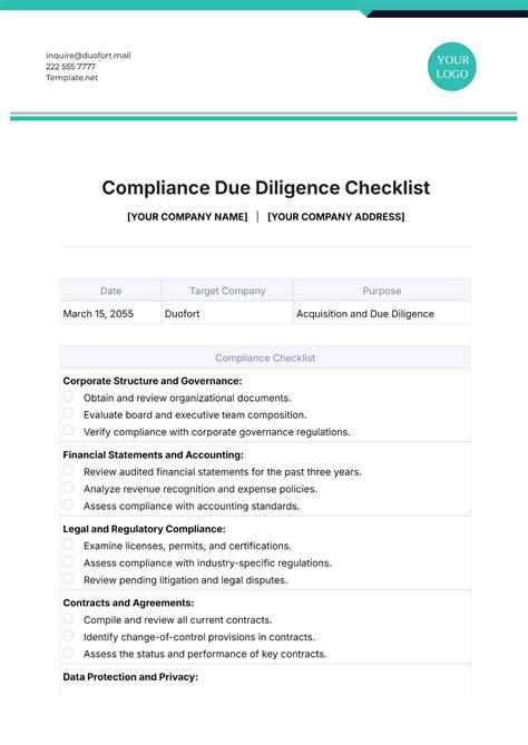 Free Compliance Due Diligence Checklist Template To Edit Online