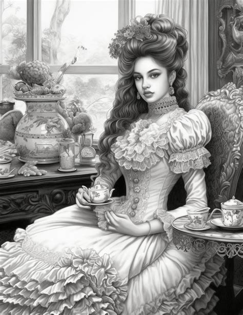 Victorian Women Coloring Pages For Adults And Teens Grayscale Etsy