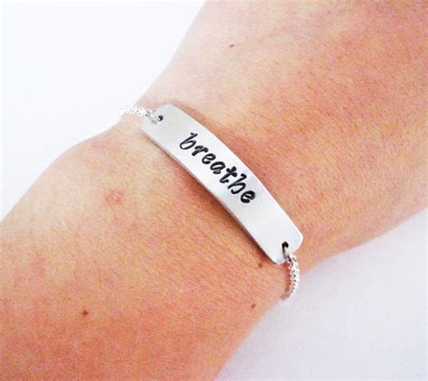 Breathe Bracelet Hand Stamped Metal Bar Yoga Jewlery Hand Etsy