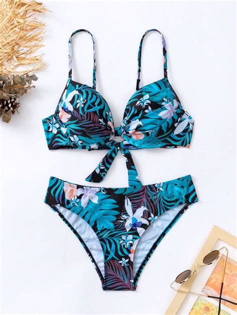 Shein Swim Ba Ador Bikini Push Up Con Estampado Tropical Con Nudo