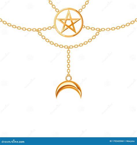 Background With Golden Metallic Necklace Pentagram Pendant And Chains