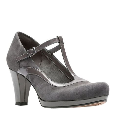 Clarks Dark Gray Chorus Pitch Suede Patent Leather T Strap Pump Women